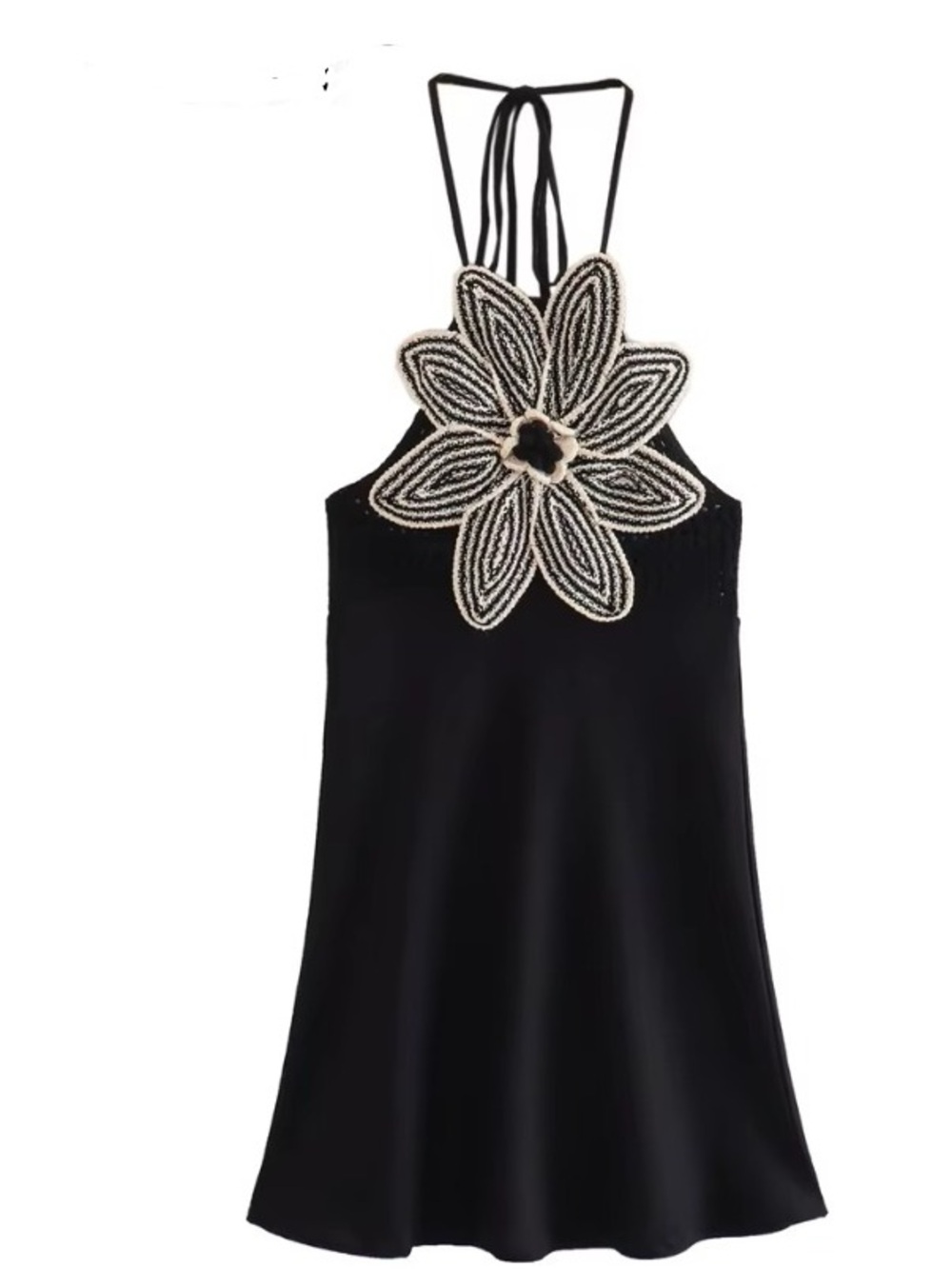 Black Slip Dress with Embroidered Floral Applique